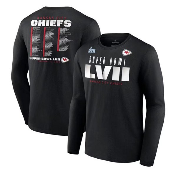 Men's Kansas City Chiefs Black Super Bowl LVII Varsity Team Roster Big & Tall Long Sleeve T-Shirt - Click Image to Close